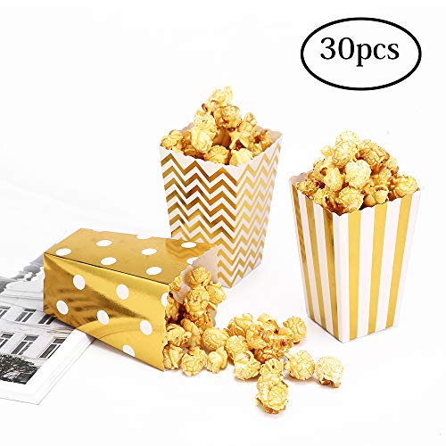 CLAIREBOX Popcorn Boxes Gold Stamping Trio Polka Dot, Chevron, and Striped Assorted Designs - Movie Theater Night, Festivals, Wedding Favors (30 Boxes) (Gold)