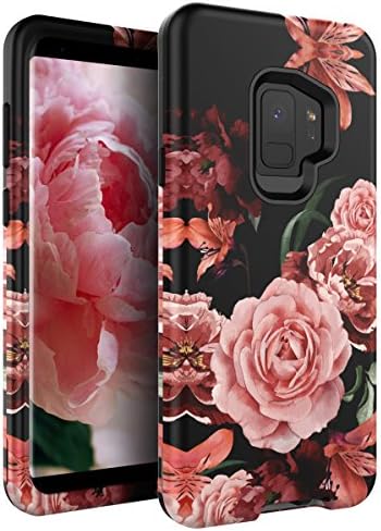 RabeMall Samsung Galaxy S9 Case Unique Pretty Flowers for Girls/Women Anti-Fingerprint Three Layer High Impact Resistant Hybrid Shockproof Protective Cover,Floral Black