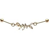 Zynova 16G CZ Leaf Chain Industrial Barbell Cartilage Earrings Gold 316L Stainless Steel Industrial Piercing Jewelry Sparkle Conch Helix Chained Industrial Bar for Women