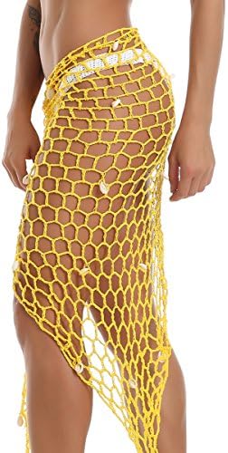 Honey Eminem Women Crochet Beach Cover ups Sarong Wrap with Shells Pailletes, 7 Colors (Shells-Yellow)