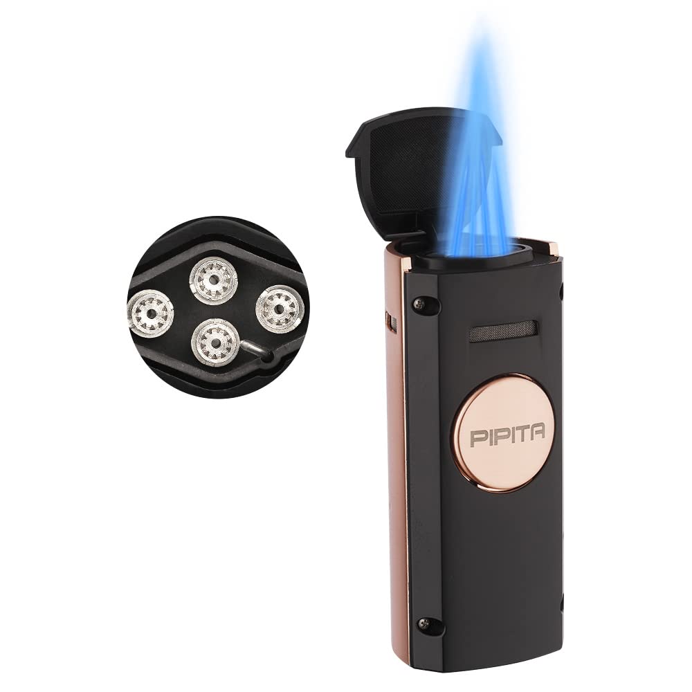 PIPITA 4 Jet Lighter Windproof Torch Blue Flame Butane Gas Lighter Adjustable Refillable Torch Lighters with Punch,Color Change Design of Visual Gas Window(Without Gas) (Gold)