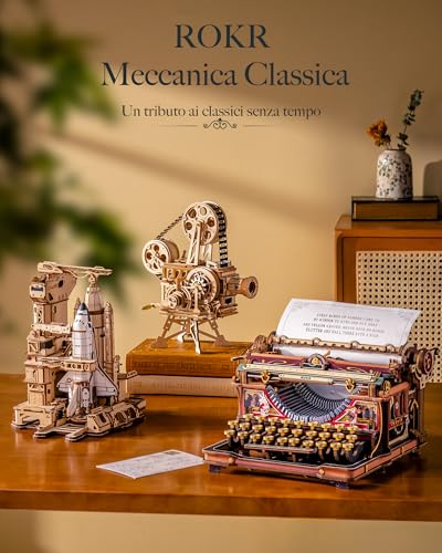 ROKR LK703C Wooden 3D Puzzle Mechanical Typewriter Model DIY Construction Kit for Adults, Retro Desk Furniture, Mechanical Typewriter (Magic Version)