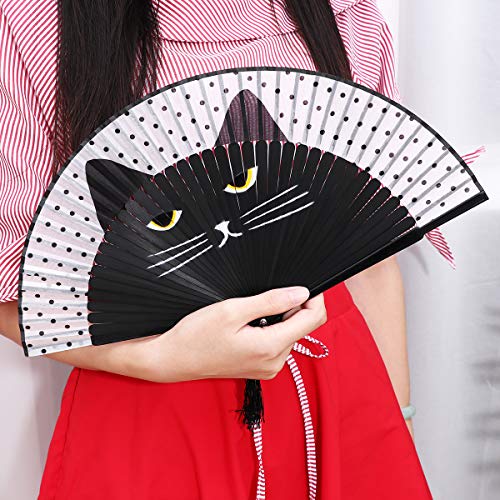 OULII Women Cartoon Cat Folding Silk Fan Handheld Fan (Black)