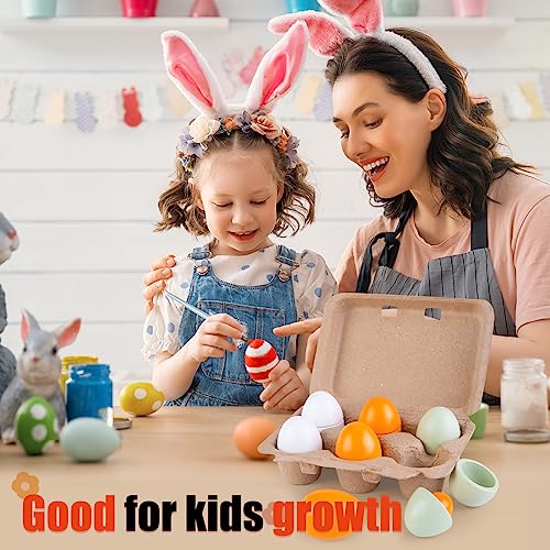 3 otters 12PCS Wooden Egg Toys, Play Eggs for Kids Pretend Play Food Set Cutting Food Toys Easter Eggs for Toddlers 3+