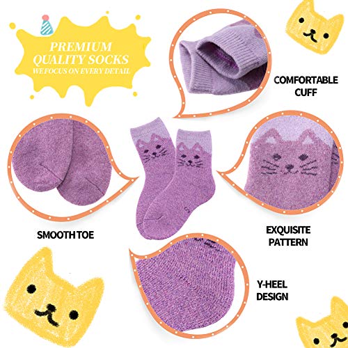LANLEO 6 Pairs Children's Winter Thick Warm Soft Cute Animal Crew Wool Socks For Kids Boys Girls Cat,1-3 Year Old