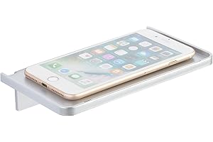 MATIMASU Stick-on Wall Shelf - Small Wall Mounted Adhesive Clear Acrylic Shelf Phone Holder Shelves Wipes Rack for Bathroom,Kitchen,Toilet,Office - Silver (A Set of Screws Included)