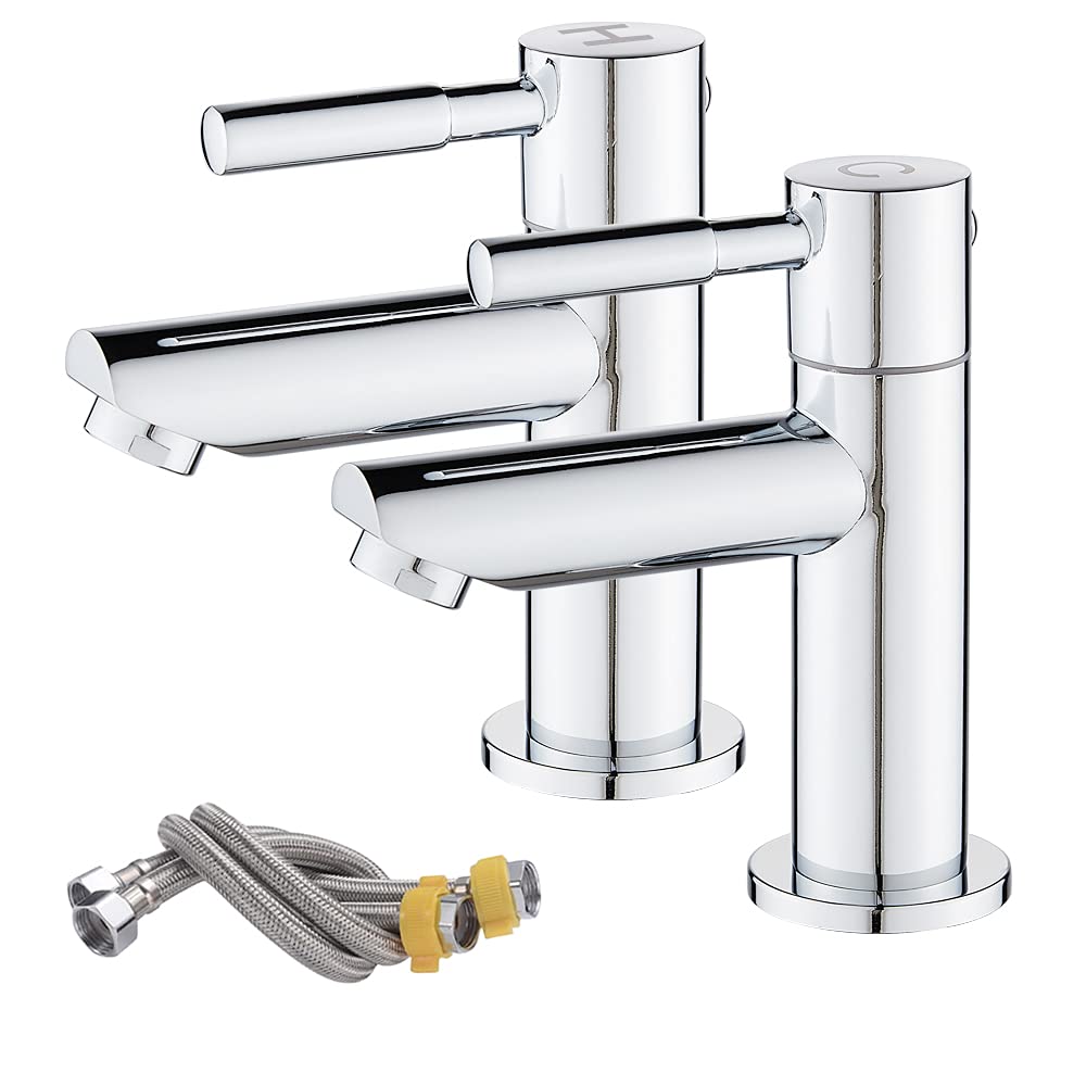 Maynosi Bathroom Basin Pillar Taps, Pair Basin Sink Mixer Taps, 1/4 Turn Washroom Pair Faucets Twin Lever, 2 Pcs Modern Taps, Include Flexible Hoses, Brass (Chrome)
