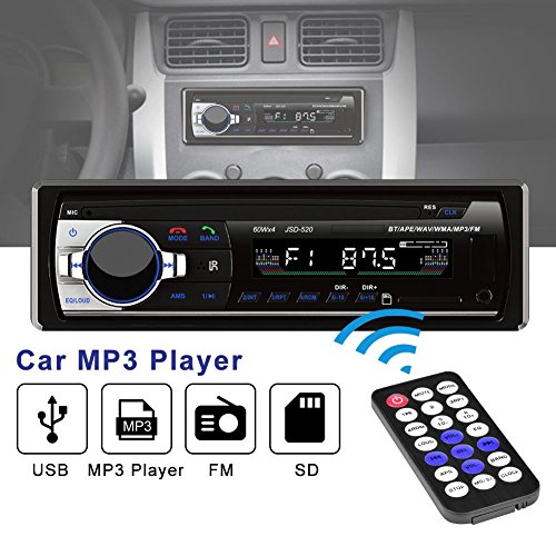 TekkPerry Car MP3 Player, MP3 Car Stereo Receiver with Bluetooth, USB Port and SD Card, BT/APE/WAV/WMA/MP3/USB/SD FM Car Stereo with Single Din FM Radio 3.5mm Auxiliary Input Remote Control