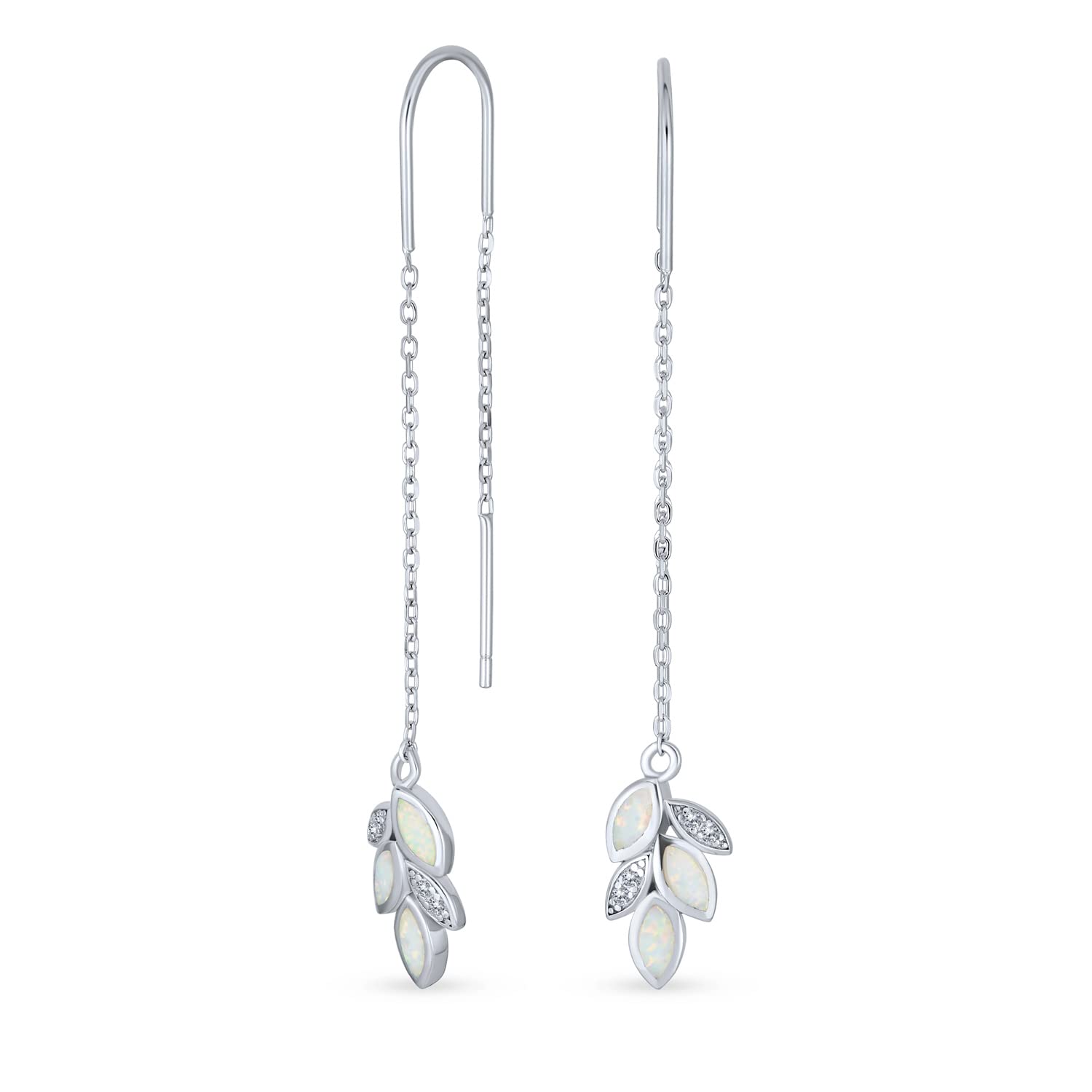 Delicate Minimalist Marquise Shaped Gemstone Leaf Feather White Iridescent Created Opal Inlay Long Chain Dangle Threader Earrings Western Jewelry For Women Teens .925 Sterling Silver