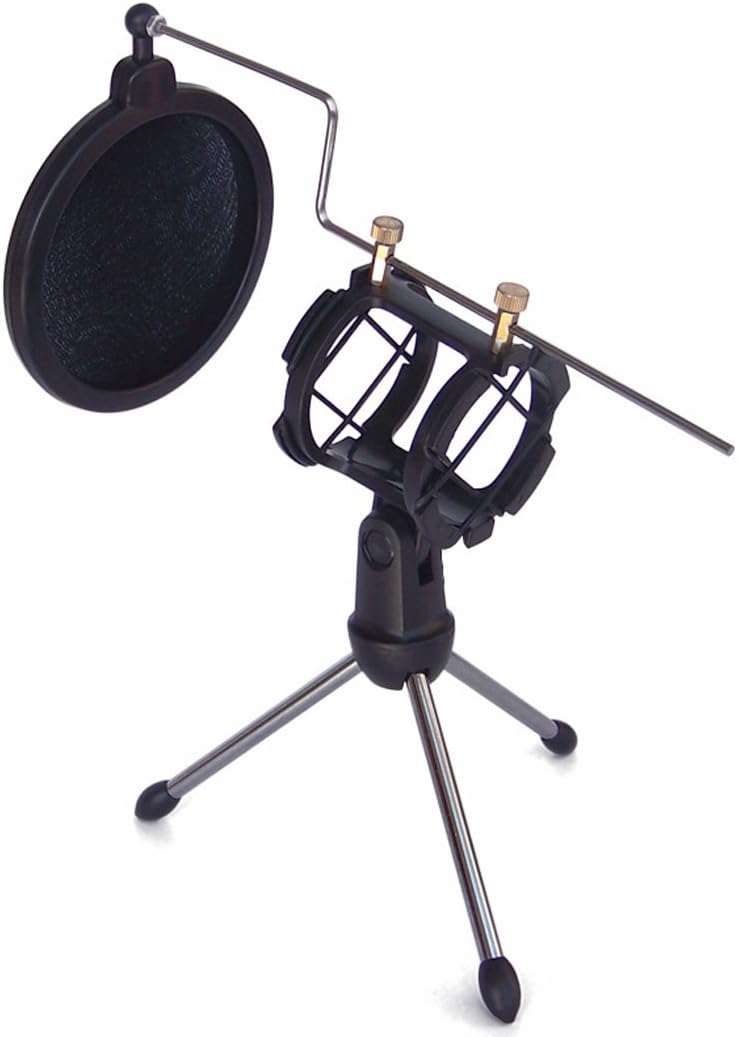 Tripod Microphone Stand, Adjustable Studio Condenser Desktop Microphone Holder With Windscreen Double-Net Filter Cover, Studio Condenser Table Plastic Mini Mic Clip Holder (Black)