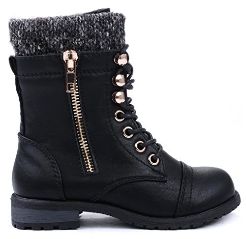 JJF Shoes Mango-31 Kids Black Round Toe Military Lace Up Knit Ankle Cuff Low Heel Combat Boots-4