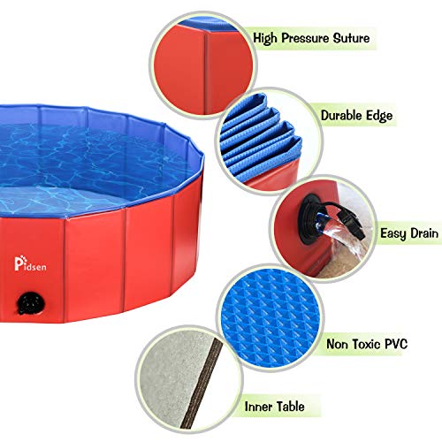 Pidsen Foldable Dog Pet Bath Pool Pet Swimming Tub Collapsible Dog Pet Tub for Dogs, Cats or Kids (47.2’’ D×11’’ H, Red)