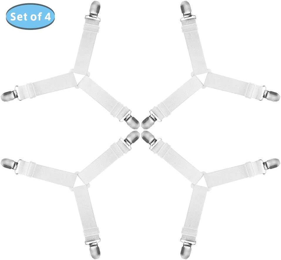 Tomata Adjustable Bed Sheet Fasteners, Triangle Non-Slip Elastic Holder Straps Corner Clips with Heavy Duty Grippers Clips (Set of 4 - White): Home & Kitchen