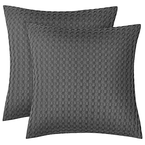 PHF Waffle Weave Throw Pillow Cover 18" x 18", 2 Pack 100% Cotton Square Pillowcase Shell Elegant Home Decorative Cushion Pillow Covers for Bed Couch Sofa, Charcoal/Dark Grey