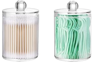 DAPOWER 2 Pack Qtip Holder Storage Canister for Cotton Ball, Cotton Swab, Pads, Floss; 10-Ounce Clear Plastic Apothecary Jar with Lid, Bathroom Makeup Organizer (2)