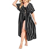 IN'VOLAND Women Plus Size Long Cover up Stripe Bikini Coverups Kimono Tie Front Bathing Suit Swimsuit Beachwear
