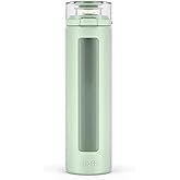 Ello Syndicate 20oz Reusable Glass Water Bottle with One-Touch Leak Proof Flip Lid, Protective Non-Slip Silicone Sleeve, Carry Loop for Coffee, Tea and Water, BPA-free, Dishwasher Safe, Sage