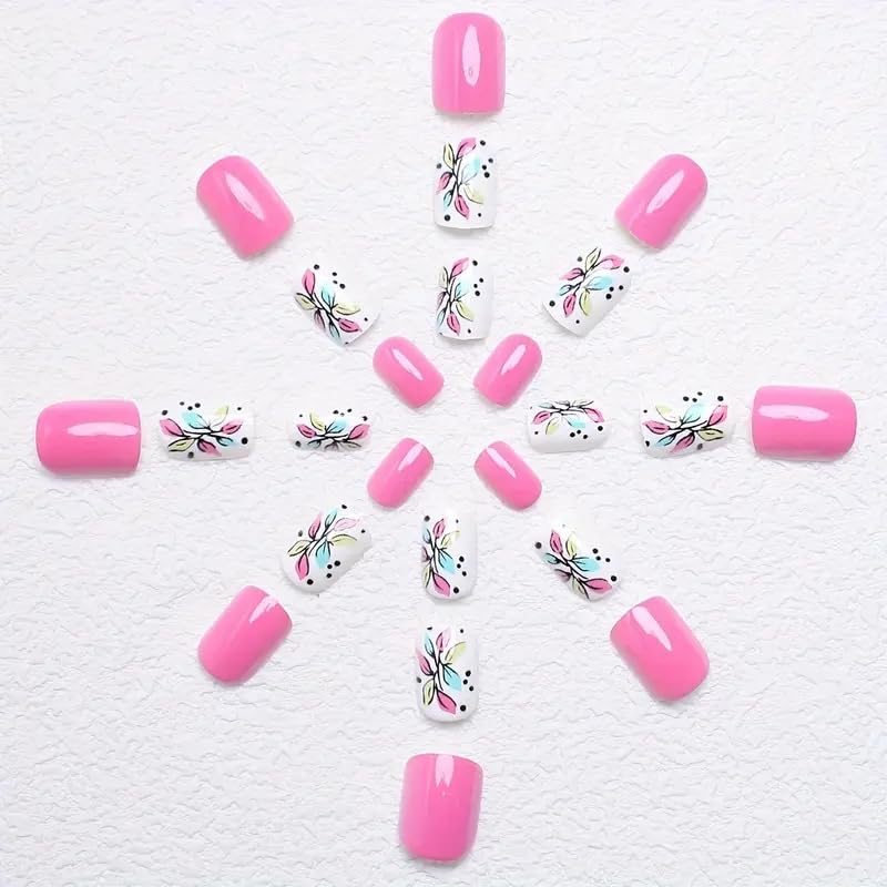 24Pcs Flower Press on Nails Short Square Fake Nails with Designs Cute False Nails Full Cover Glossy Stick on Nails Spring Glue on Nails Pink Acrylic Artificial Nails for Women Daily Wear - Image 4