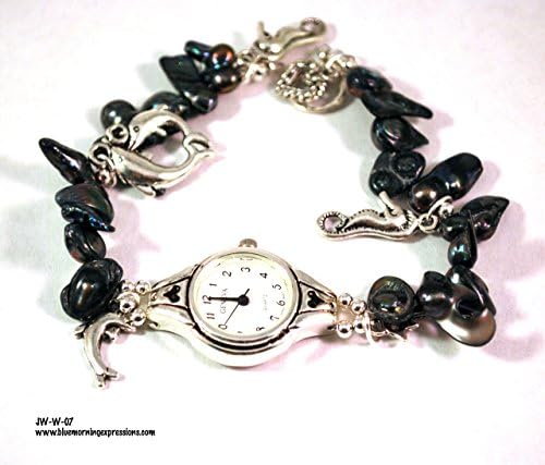Silvertone Ladies Watch with Seahorse, Dolphins and Heart Charms