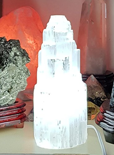 Natural Selenite Electric Lamp White with LED Bulb JIC Gem around 8" High
