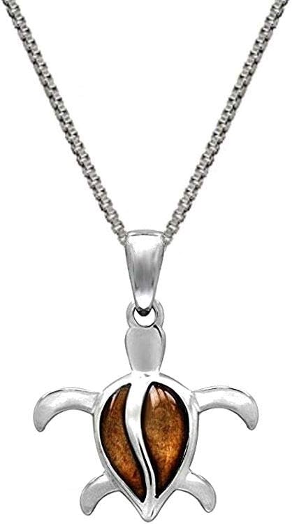 Sterling Silver Koa Wood Turtle Necklace Pendant with 18" Box Chain