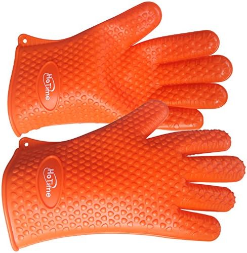 HoTime Oven Mitts Silicone Gloves &amp; Waterproof Hands Protection- Ideal For High Temperature Materials- Comfortable Anti Slip Flame &amp; Heat Resistant Gloves For Cooking, BBQ, Baking, Grilling (orange)