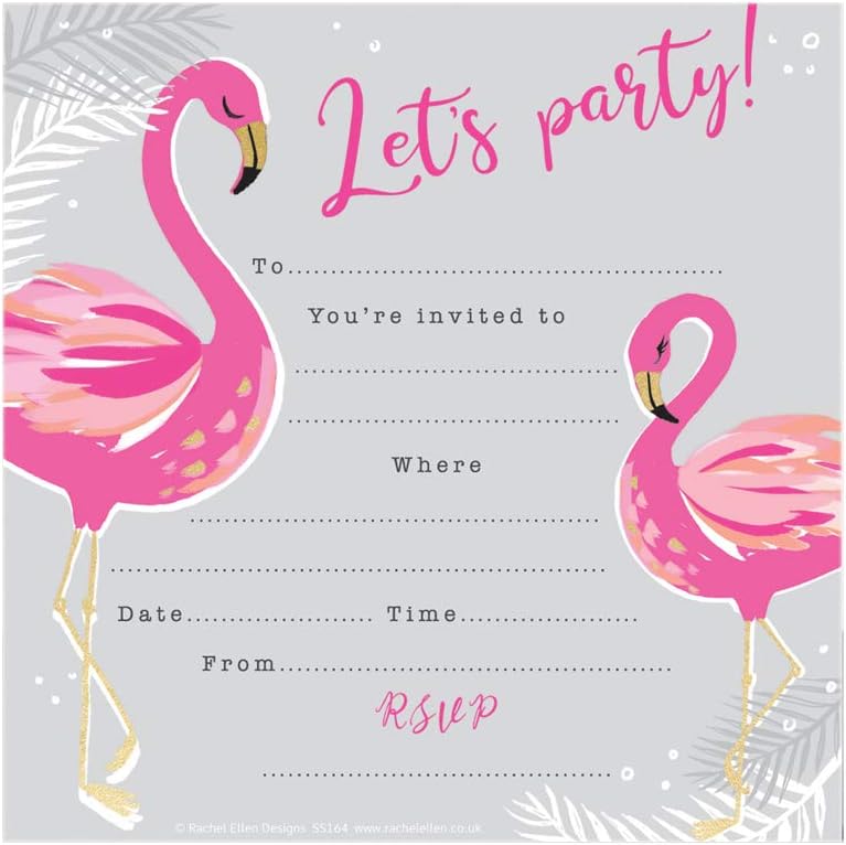 Rachel Ellen Flamingo Party Invitations Party Invites Fun Pack of 8 - PInk/Grey