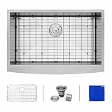 Enbol AS3322 33 Inch Length 10 Inch Deep 16 Gauge Arc Apron Front Zero-R Undermount Farmhouse Single Bowl Stainless Steel Kitchen Sink With Protective Bottom Grid and Strainer