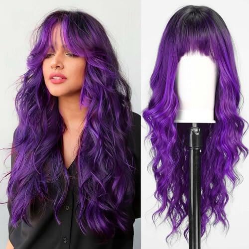 EMMOR Purple Wigs with Bangs Curly Synthetic Women's Wig Long Heat-Resistant Wig for Daily Use Natural and comfortable