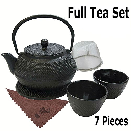 Traditional Japanese Tea Kettle Iron Teapot Gift Set Cast 7 Piece Teacup Set with Trivet Stand Tray and Stainless Steel Strainer Tea Pot with Infuser