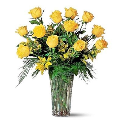 Florazone Amazing Twelve Yellow Fresh Flowers Roses In A Glass Vase Same Day Delivery