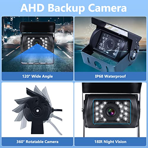 Vehicle Reversing Camera - Camecho 9"/9 Inch Monitor 4 Split Front View, Rear View Camera Truck 18 IR Waterproof Night Vision with 0.6 x 10.1 m and 0.6 x 19.8 m Cables for RV, Trailer, Bus
