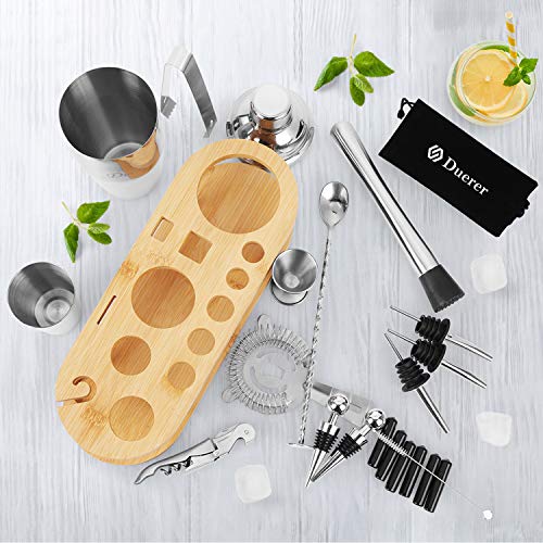 Duerer Barkeeper Kit mit Ständer, 23-teiliges Cocktail Shaker Set mit stilvollem Bambusständer, perfektem Home Bar Tool… – Bild 5