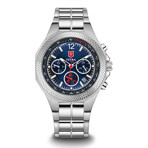 Tetra Mens Italian Design Special Edition Torino Aventura Swiss Luminous Watch Solid Triple Link Stainless Steel Bracelet Dual-Time Professional Water Resistance 330 FT Luxury Gift Box Included