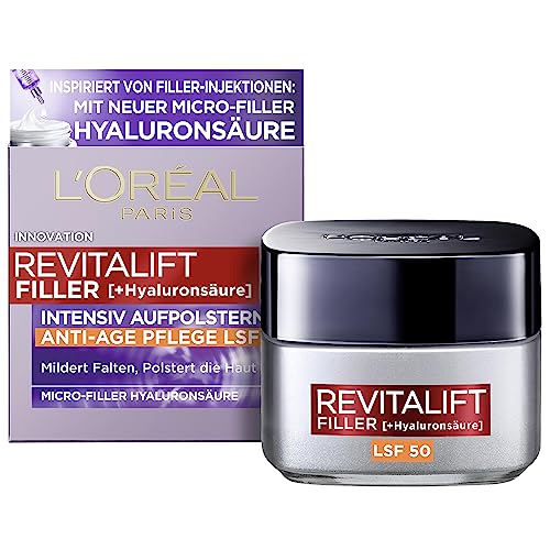 L'Oréal Paris Hyaluron Tagescreme mit LSF 50, Anti-Aging Gesichtspflege mit Micro-Filler Hyaluronsäure für Feuchtigkeit und Anti Falten Effekt, Revitalift Filler, 1 x 50 ml