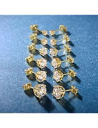 14K Yellow Gold Plated Round Cut Clear Cubic Zirconia Stud Earring Pack of 6 (6 Pairs)