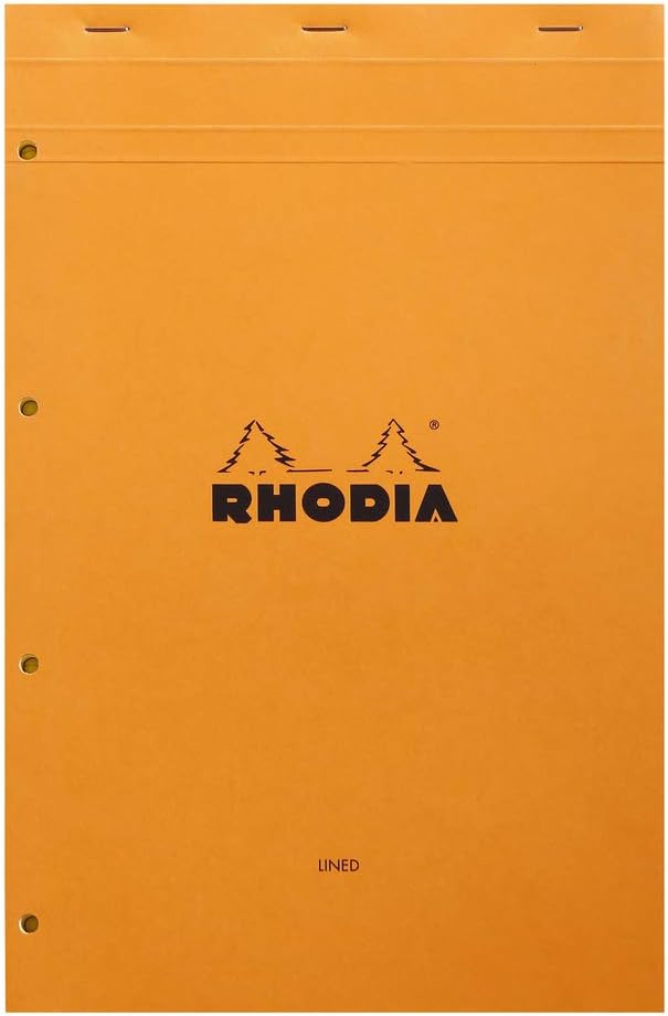 RHODIA 119660C, Stapled Notepad N°119 Orange, A4+, Ruled, 80 Detachable Sheets Perf. 4 Holes, Clairefontaine Yellow 80G Paper
