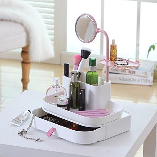 Cuku Cool Jewelry and Cosmetic Desktop Organizer Display Box Storage Makeup Container With Mirror Pink