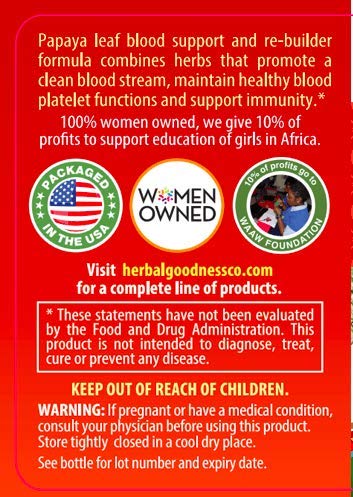 Papaya Leaf Blood Support Formula - Blood Platelet (Thrombocyte) - Bone Marrow Support - Blood Cleanse - Detox - Immune Health - Made in USA by Herbal Goodness - 12 BOTTLES/60-450mg Veggie Caps