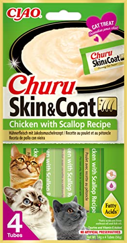 INABA Churu Skin & Coat Cat Treat - Chicken with Scallop - 1 Pack (4 x 14g total) / Soft & Creamy Treat, Delicious & Healthy Snack, Lickable Sticks, Puree Food Topper, Natural, Grain Free