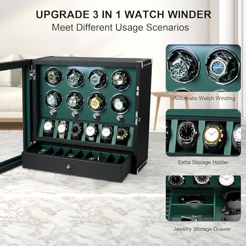 DUKWIN Watch Winder for 2/4/6/8 Automatic Watches with Key Lock, 3/6 Extra Watch Storages,4 Rotation Modes, LED Light, Super Quiet Motor, Spring Watch Pillows for Men＆Women