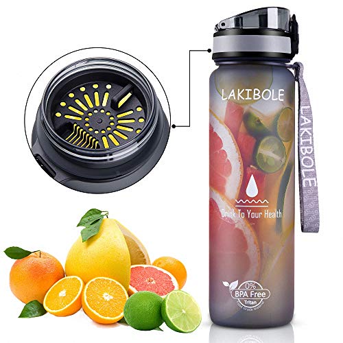 LAKIBOLE 32 oz Water Bottle BPA Free with Time Markers, Tritan Gym Water Bottle for Fitness, Outdoor Enthusiasts, Leakproof & Durable - Gray