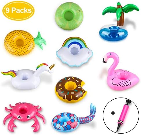 Eligara Inflatable Drink Floats for Pool (9 Packs) with Mini Air Pump, Inflatable Floating Pool Drink Cup Holders for Kids Bath Toys Water Fun Photo Props