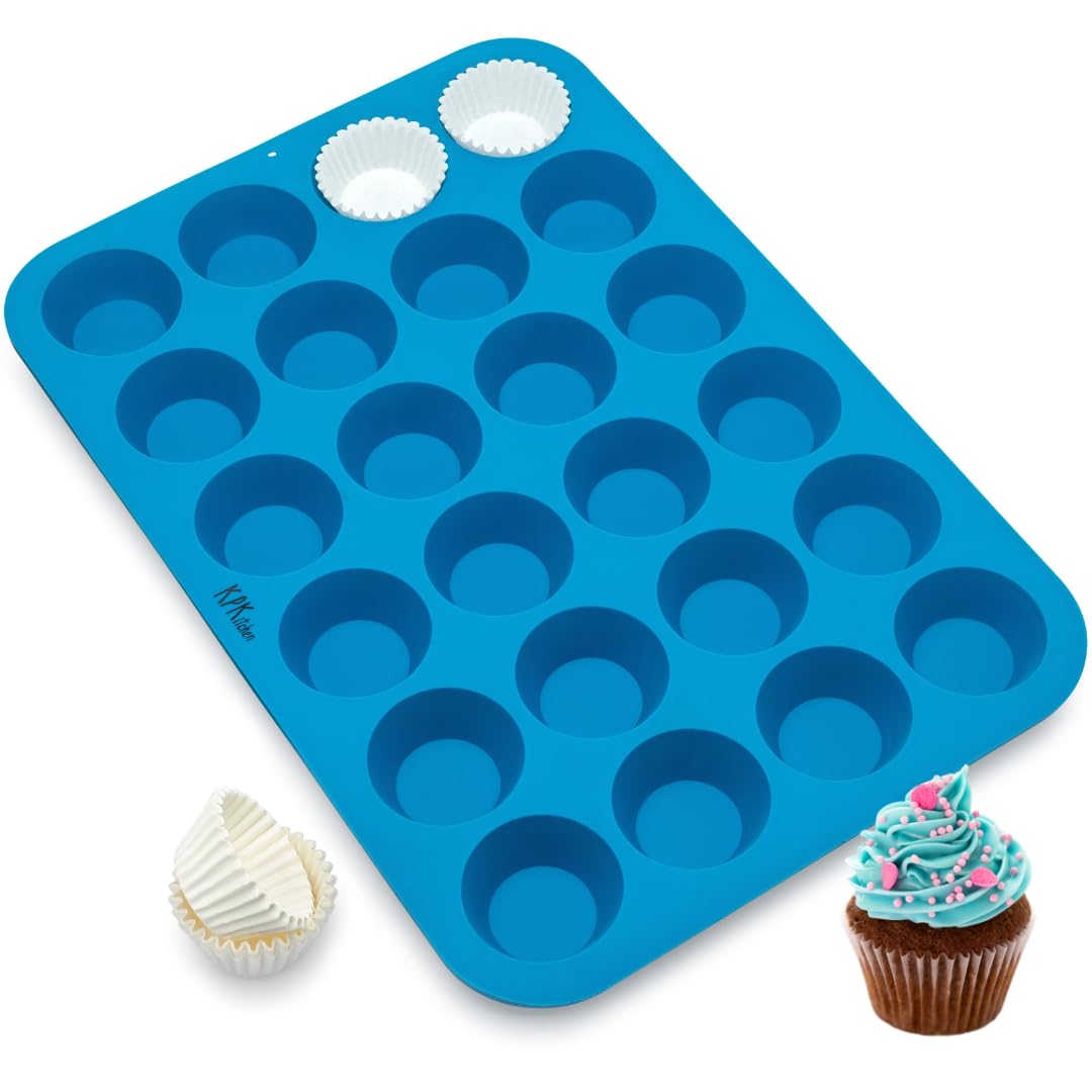 KPKitchen Silicone Mini Muffin Pan - 24 Cup Nonstick, Includes Free Mini Muffin Paper Cups - Ideal for Cupcakes, Muffins, Fat Bombs & More