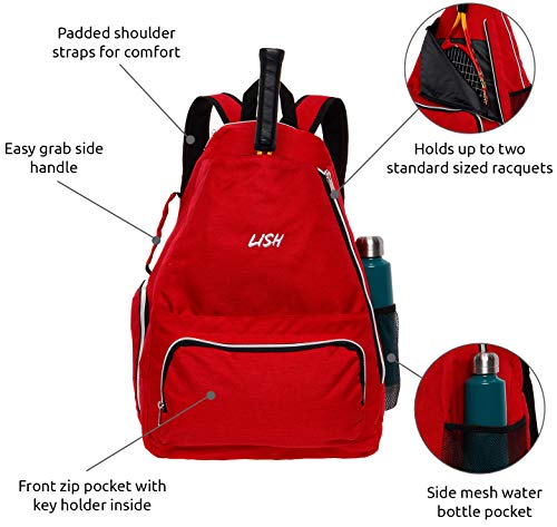 LISH Game Point Tennis Backpack w/ Shoe Compartment - Racket Holder Equipment Bag for Tennis, Racquetball, Squash (Red)