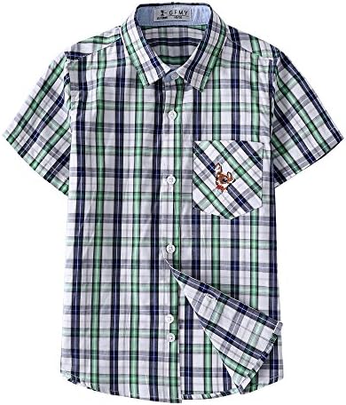 Kungfu ant Boys' Cute Casual Cotton Short Sleeve Button Down Plaid Shirt with Pocket (Blue, 150(9-10 Years))