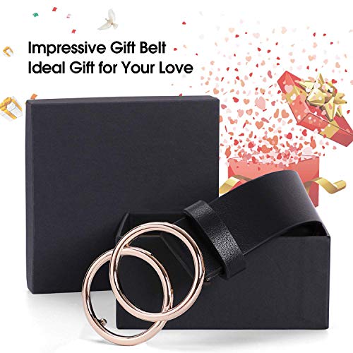 WERFORU Ledergürtel für Damen mit Goldene Schnalle Mode Doppel Rund Schnalle Gürtel Vintage Llässiger Hüftgürtel Taillengürtel für Jeans Hosen Kleider schwarz