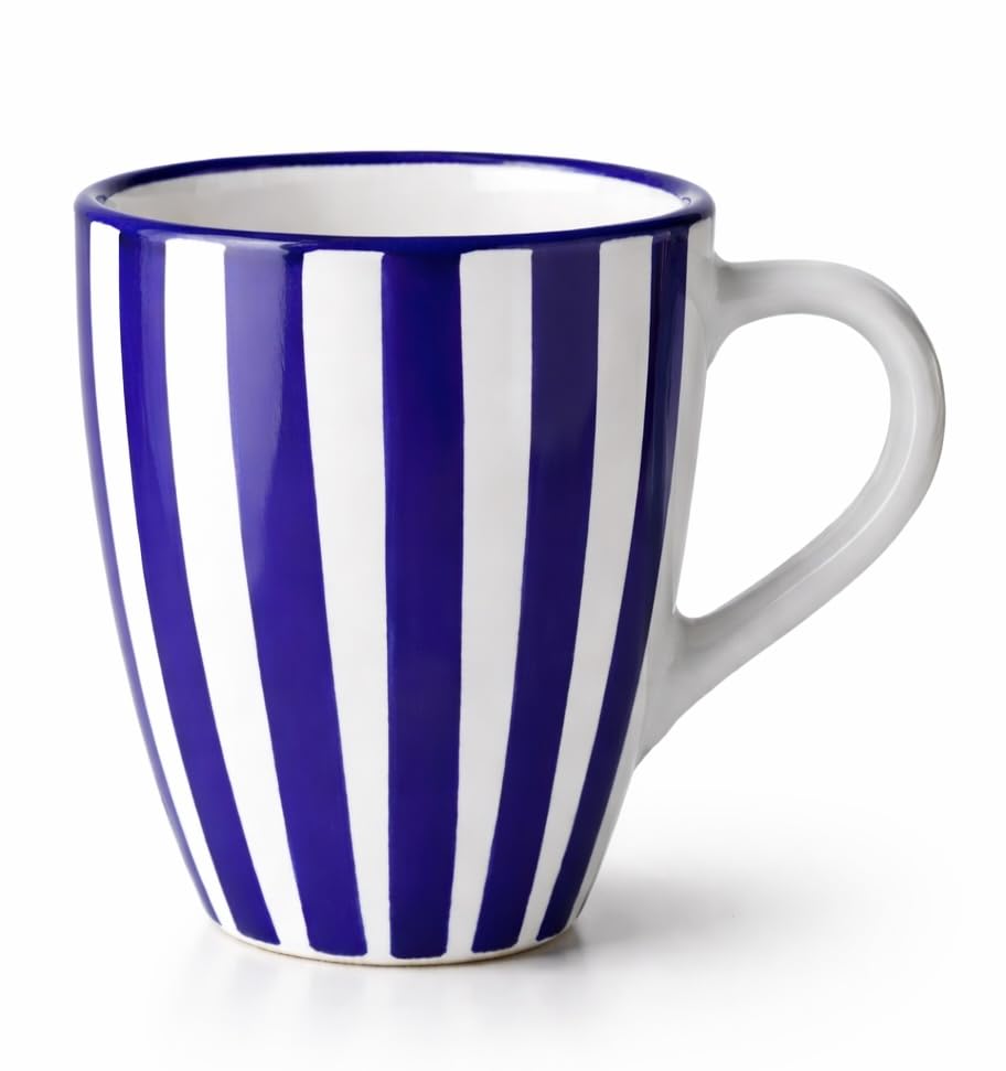 City to Cottage Hand-Painted Ceramic Coffee Mug, 10oz (300ml) – Large Comfortable Handle, Navy Blue Stripe, Gift-Ready Tea & Cappuccino Cup