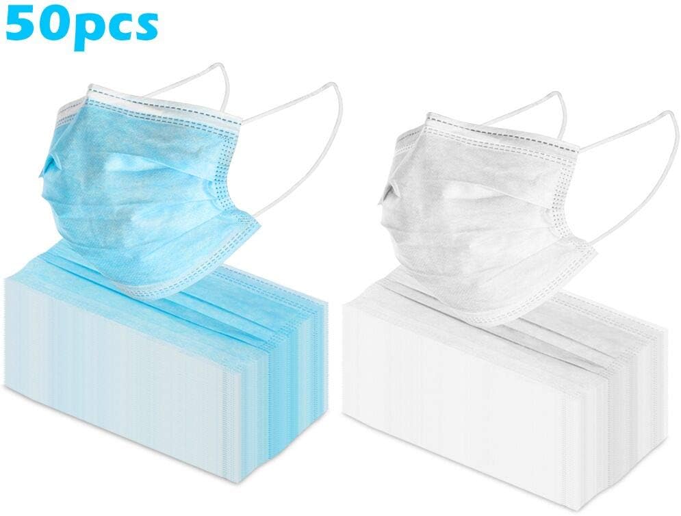 50 Pieces Disposable Face Masks 3-Ply Facial Masks/Allergy Masks/Dust Masks with Elastic Ear Loop, Ramdom Color, Blue/White