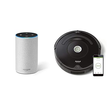 Echo gris claro + iRobot Roomba 671 - Robot aspirador suelos duros y alfombras, tecnología